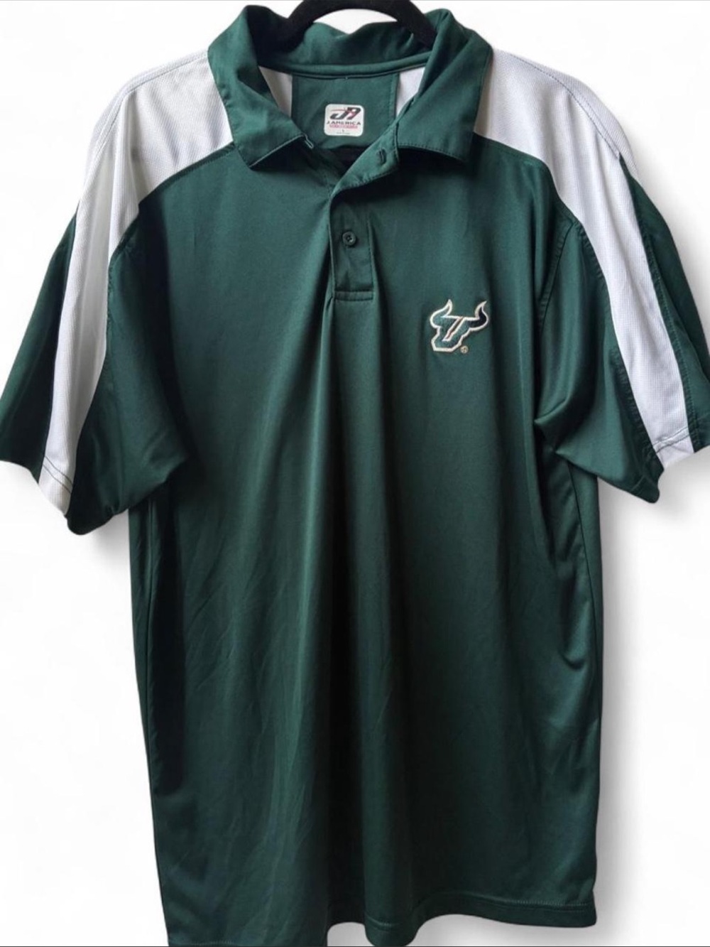 USF J. America Green White collared Polo Shirt uni south Florida embroidered L